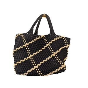Naghedi St Barths Medium Tote Bag Ink Blue White Woven Neoprene Checkered Rope